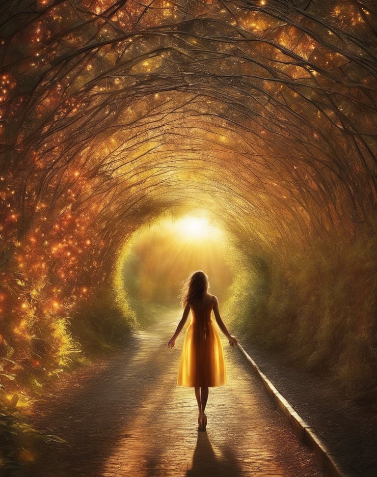 Frau die durch einen Baumtunnel geht , hinzu auf warmes Sonnenlicht