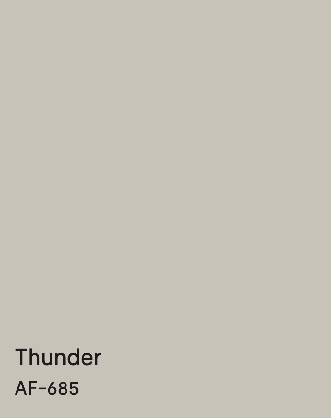 Benjamin Moore Thunder AF-685 paint swatch, a neutral warm greige interior wall color.