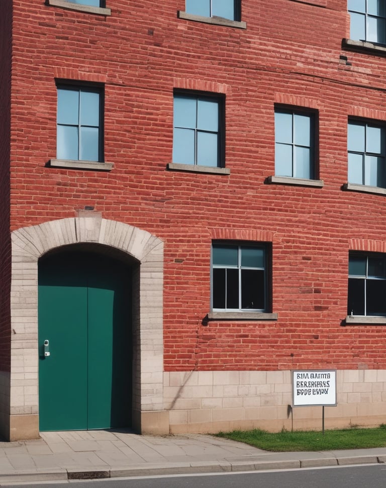 A large brick wall with the word 'BUSINESS' prominently displayed in black letters. The wall is lit by natural daylight, casting gentle shadows along its surface. The ground at the base of the wall has some patches of grass and is bordered by a concrete sidewalk. There are three metal fixtures attached to the lower part of the wall.