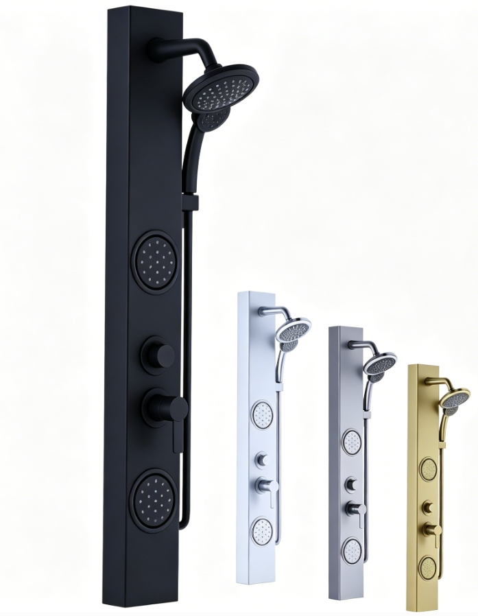 Modern luxury shower panel systems in matte black, silver, and gold finishes with body jets.