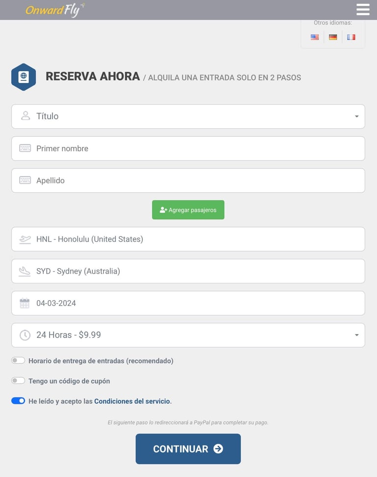 Datos de reserva vuelo Onwardfly