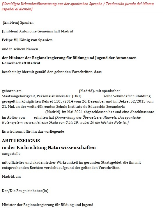 Traducción Jurada Bachiller España, al alemán