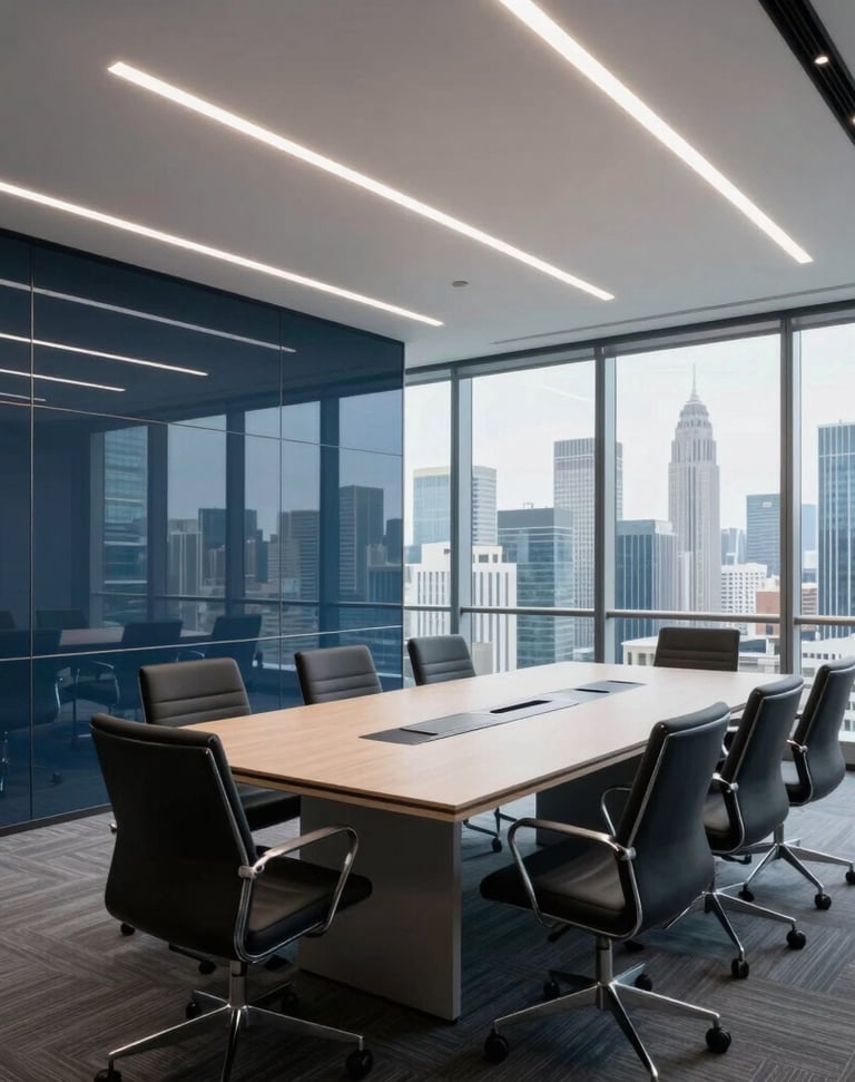 A wide-angle lens photograph of a modern, sophisticated corporate boardroom in a glass skyscraper overlooking a global city skyline, featuring Dark Blue and Off-White palette, clean and professional lighting, International / Global setting.