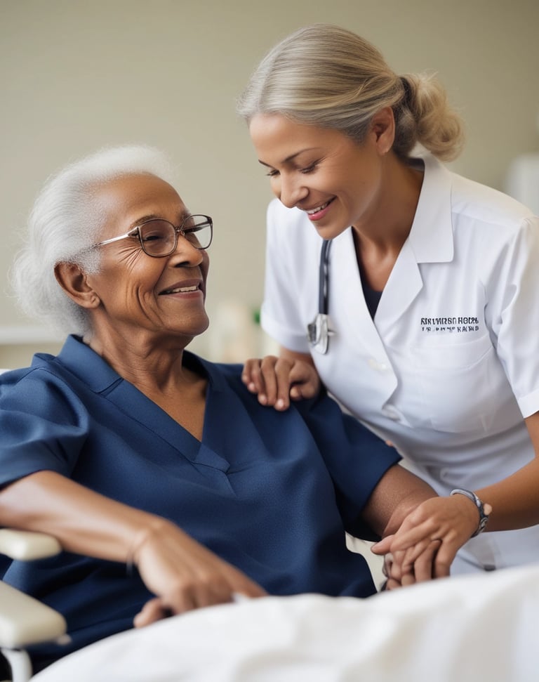 A caring staff member assisting a senior.