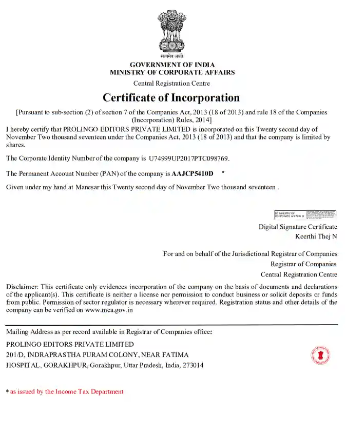 Prolingo Editors Private limited - Incorporation Certificate - Ministry of Corporate Affairs India