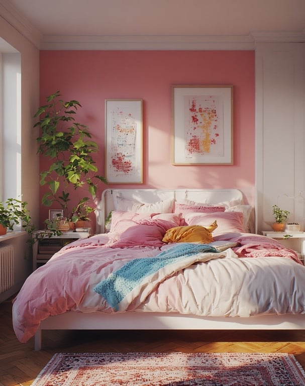 Rose pink accent wall in a bright modern bedroom
