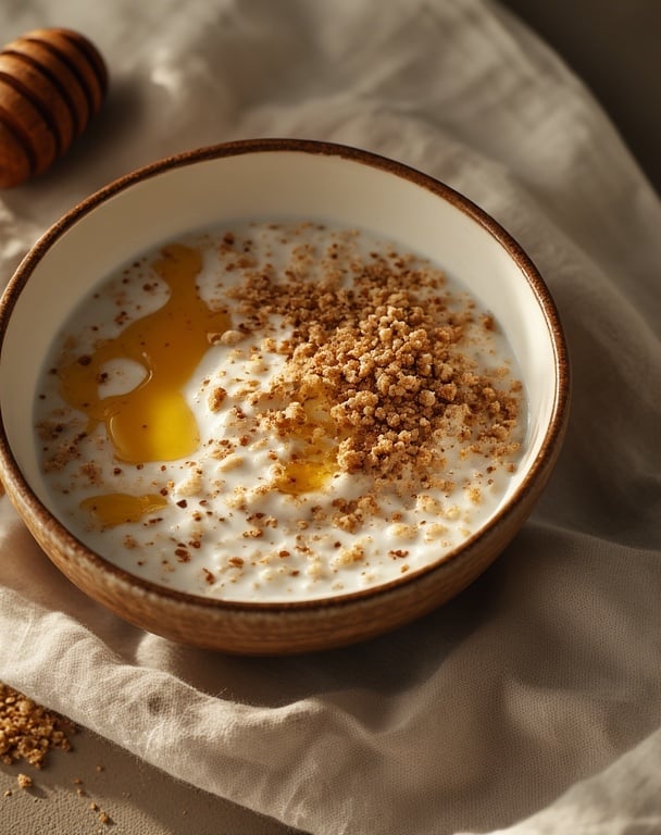 Creamy textured bath with neutral tones, a honey dipper and soft towels.