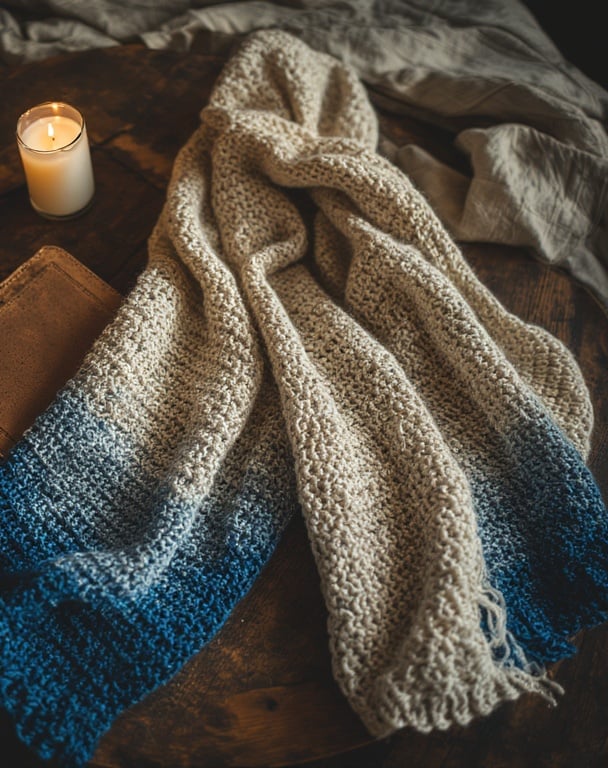 Gradient crochet scarf transitioning from cream to deep blue, draped across rustic table
