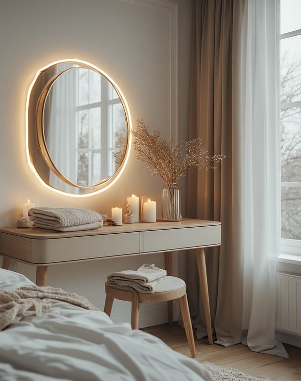 Softly lit vanity table beside a wardrobe. Neutral walls, gold mirror