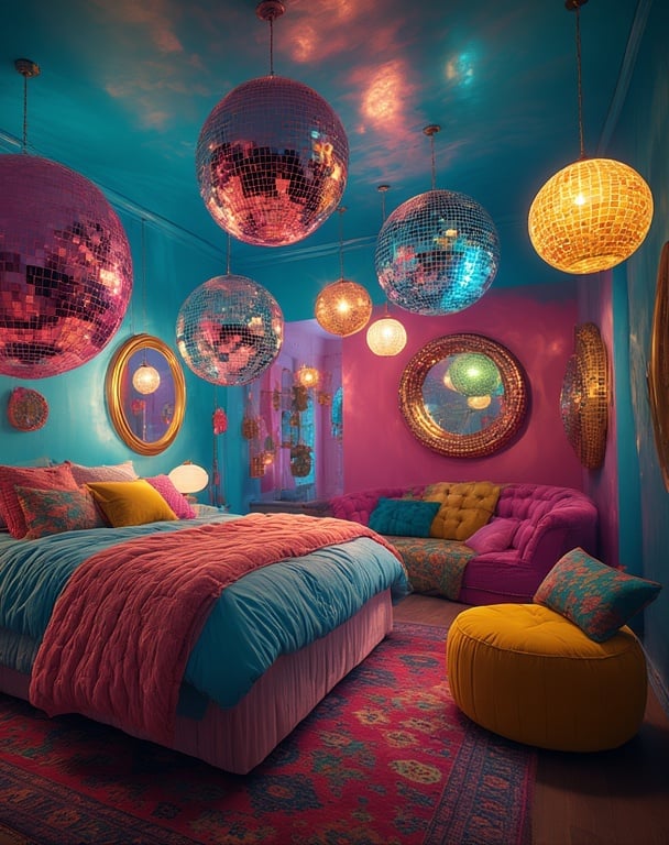 Funhaus Bedroom illuminated by oversized disco-ball pendant lights and colorful globe lamps.