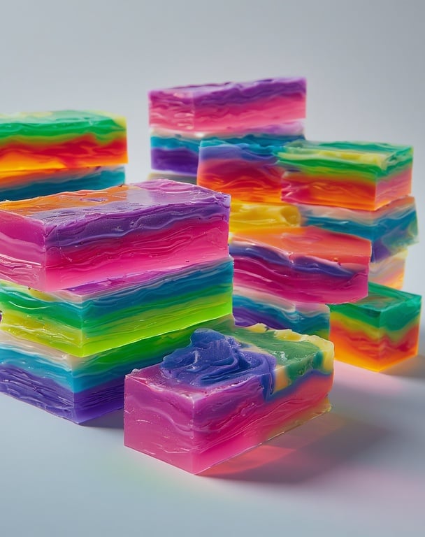 Rainbow neon layered soap bars with crisp, perfectly defined color bands