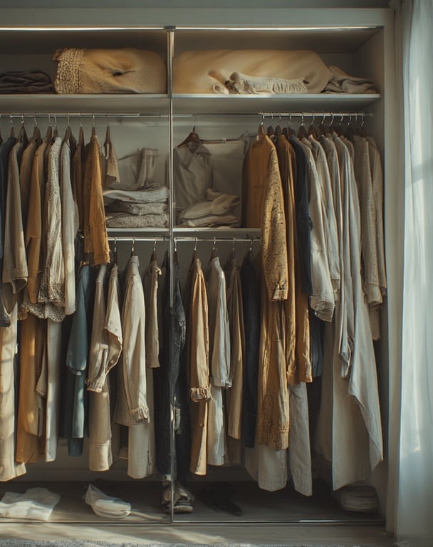 aesthetic open wardrobe with neutrals hanging evenly spaced.