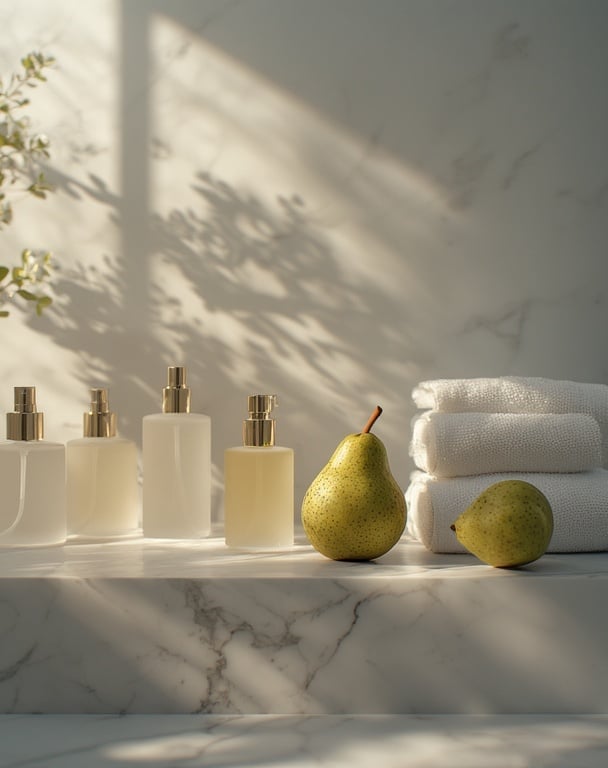 Minimalist bathroom shelf vignette with frosted perfume bottles, white towels, and a fresh pear 