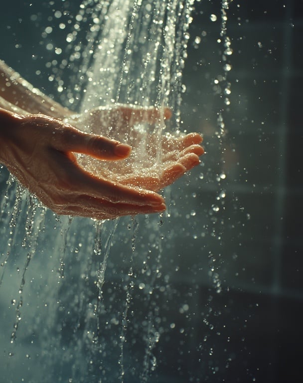 Misty shower scene with focus on hands catching cool water. 