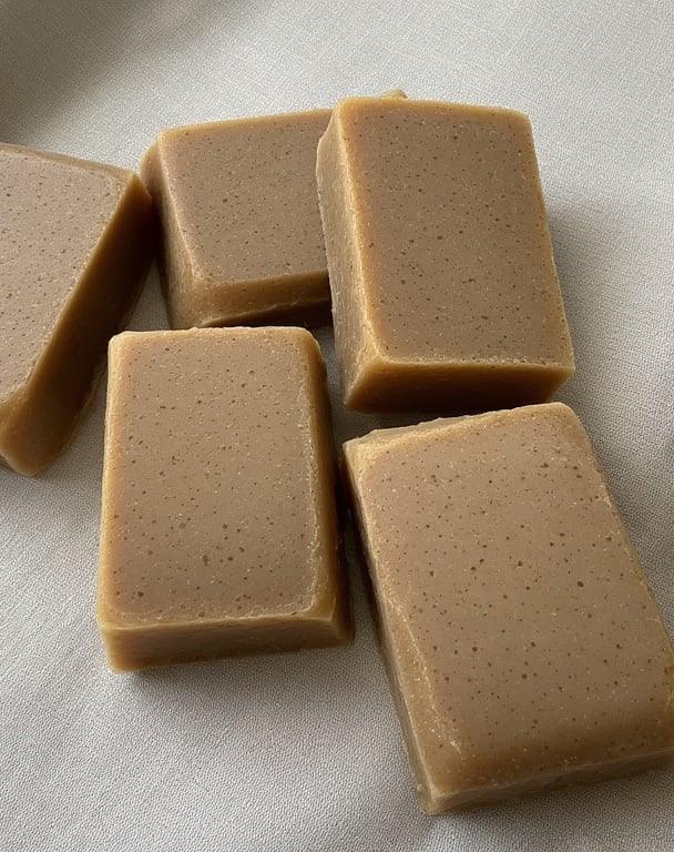 Finished coffee oat soap bars resting on linen cloth