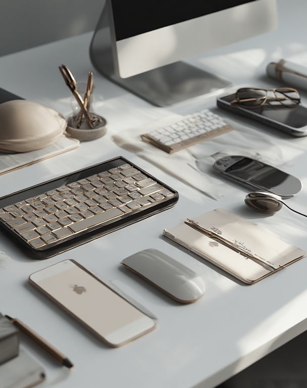 Modern flat-lay of sleek tech accessories on a clean desk.