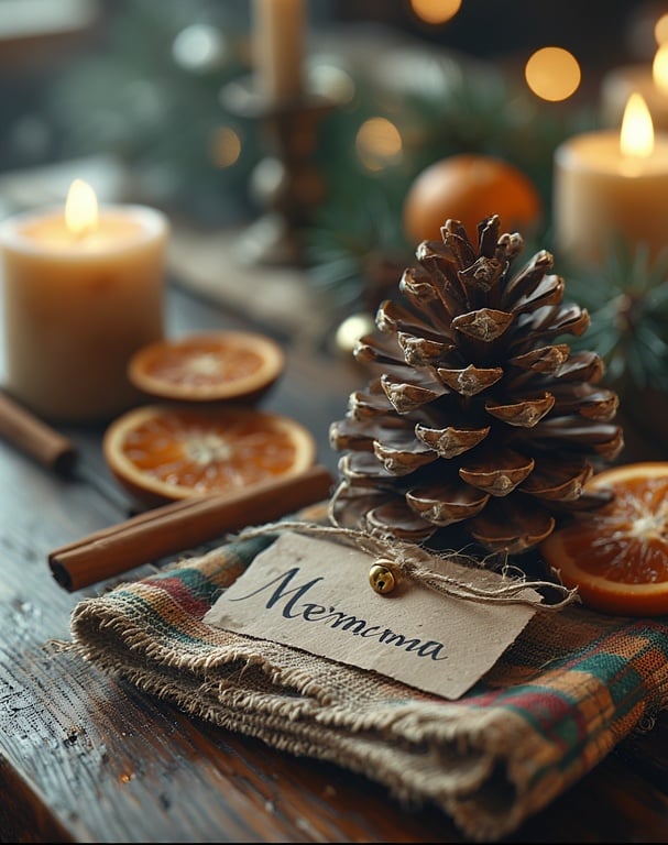 Pinecone place card with name tag, next to cinnamon sticks and an orange slice.