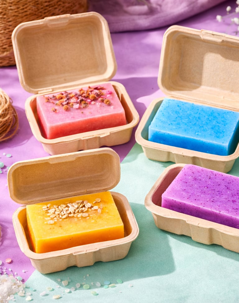 Eco-friendly clamshell packaging opened to reveal handmade soaps inside.