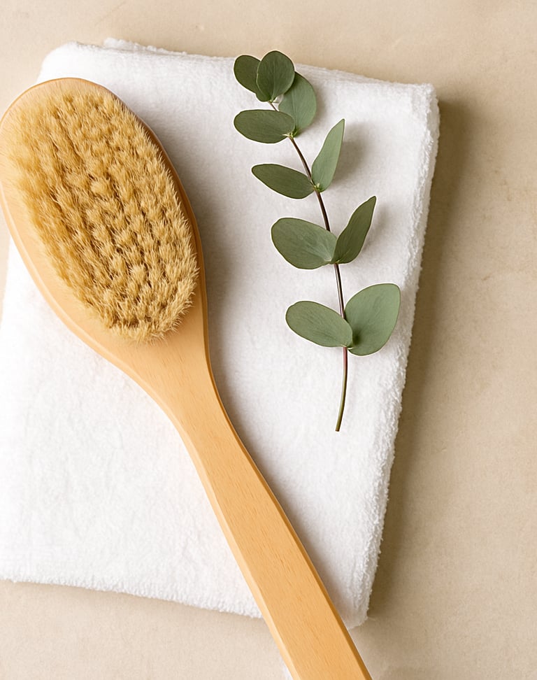 Minimal dry brush with towel and eucalyptus branch on a neutral surface.