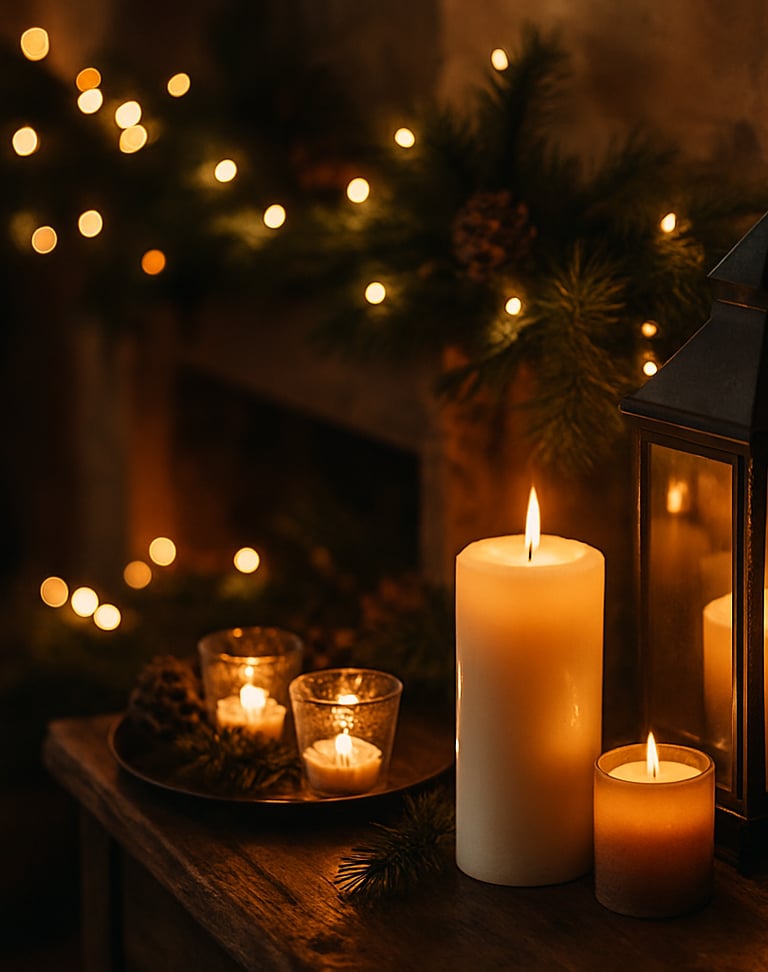 Cozy Christmas candles and lanterns glowing on a wooden table with pine garland and fairy lights.
