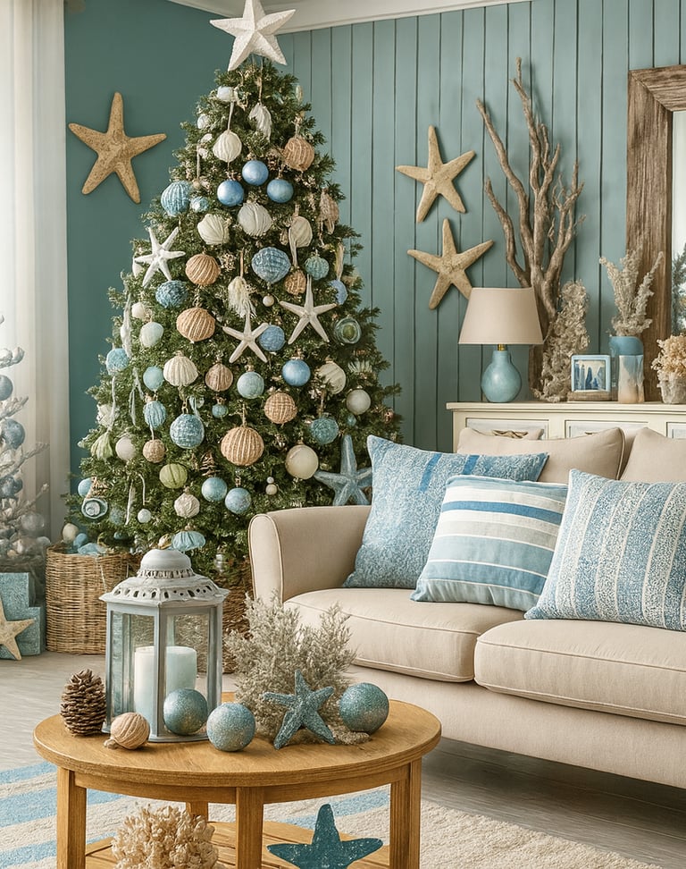 Coastal cottage Christmas tree with driftwood and seashell ornaments in light beachy room.