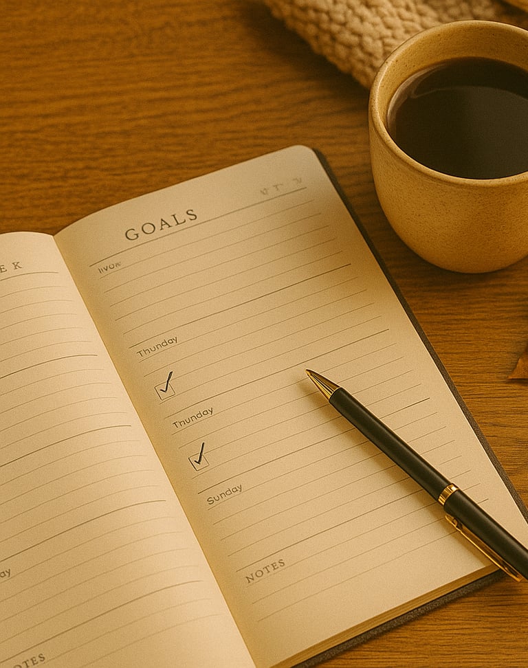 Organized planner and coffee representing fall micro-goals tracking.