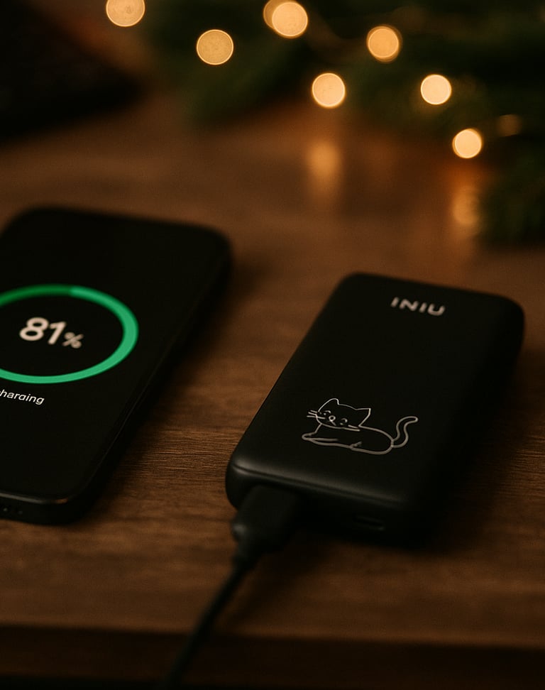 Smartphone charging from INIU portable power bank on wooden desk with soft Christmas lights.