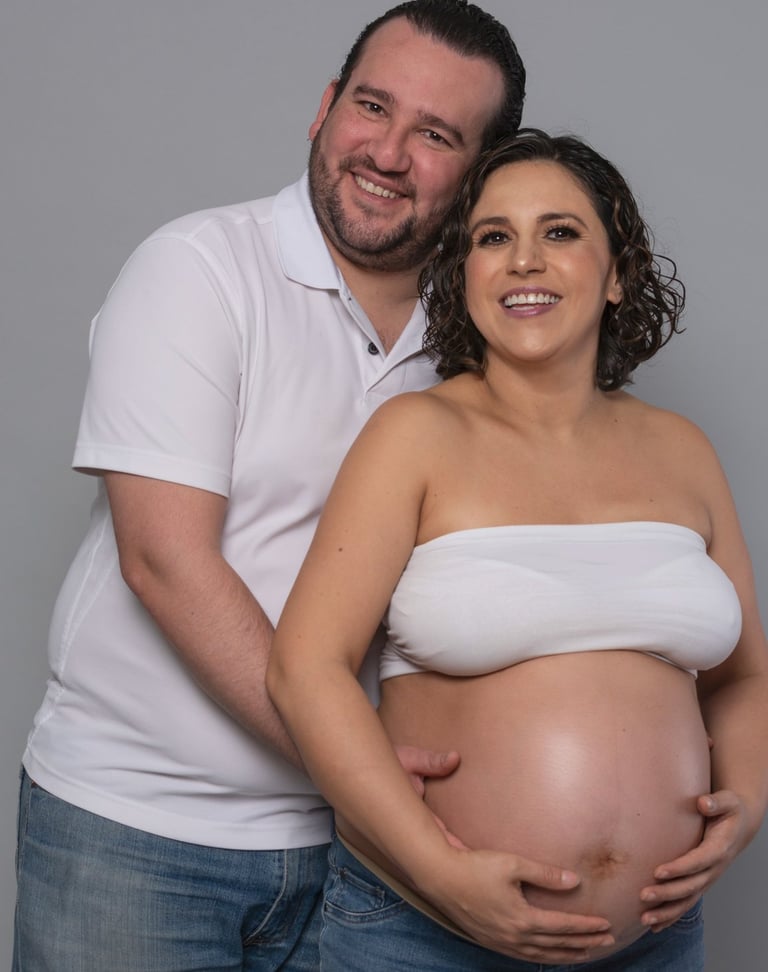 a pregnant woman and her husband are posing for a photo