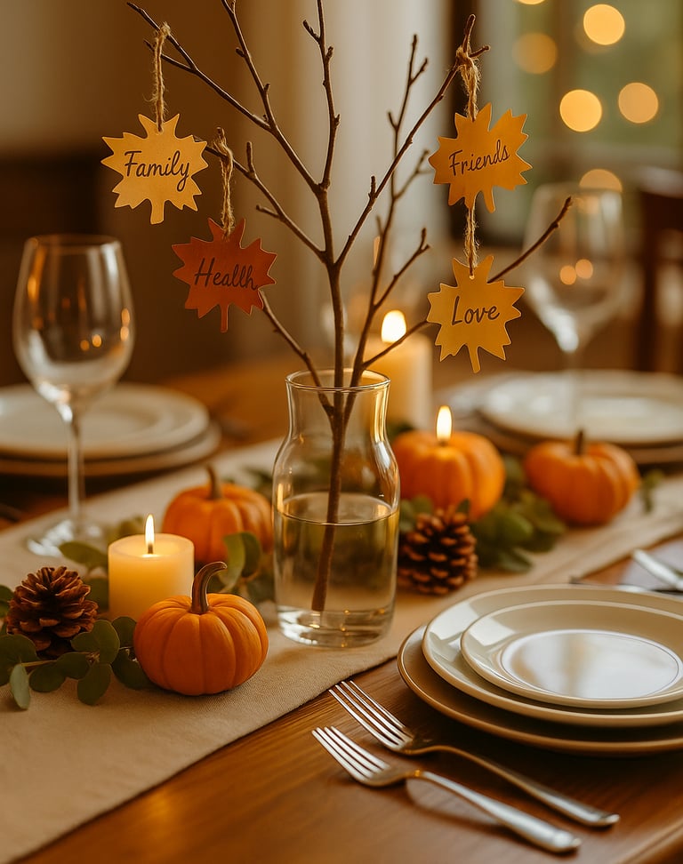 Glass vase centerpiece with gratitude leaves on a cozy Thanksgiving table.