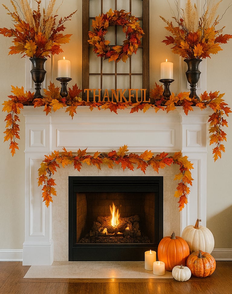 fireplace mantel decorated with a fall wreath framed above, large floral arrangements in black vases