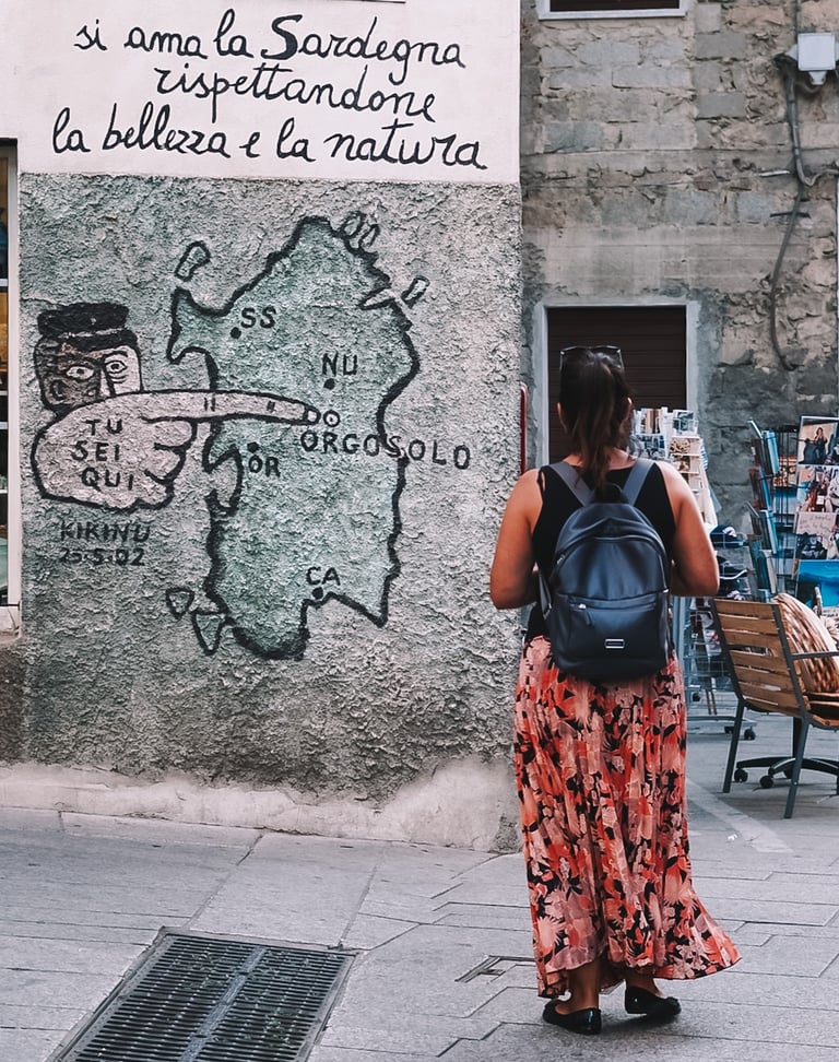 Mural with map of Sardinia in Orgosolo, village famous for its murals.