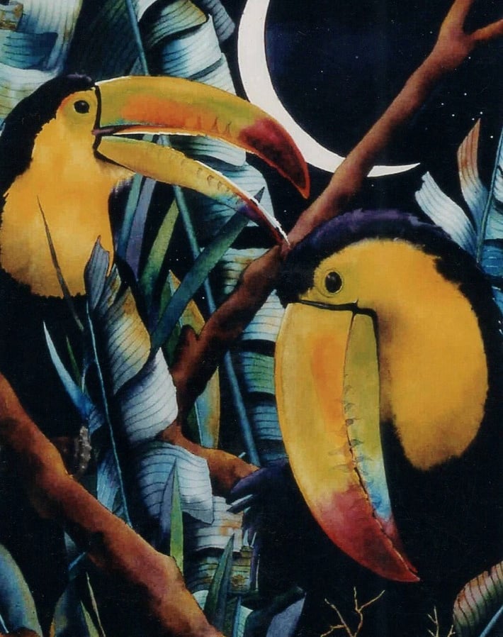 a painting of two toucal birds in a tree