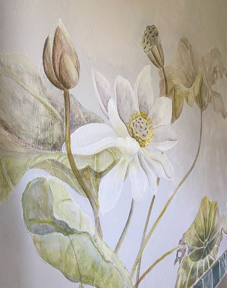 Spa bath mural with white lotus flower and lotus seedpod with koi fish taking refuge amongst flora.