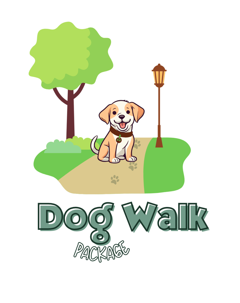 Julia's Pet Pals in Massachusetts dog mascot in a park going on a dog walk with text that reads 'dog walk service'