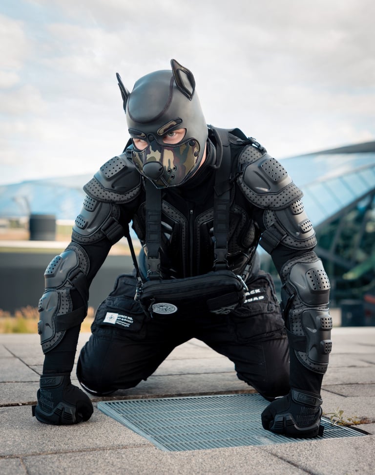 Man kneeling ona rooftop wearing a pup mask.