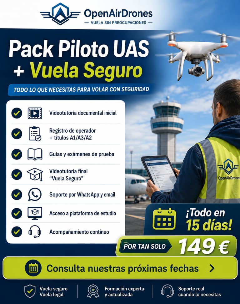 Imagen promocional del Pack Piloto UAS + Vuela Seguro de OpenAirDrones, formación para obtener las t
