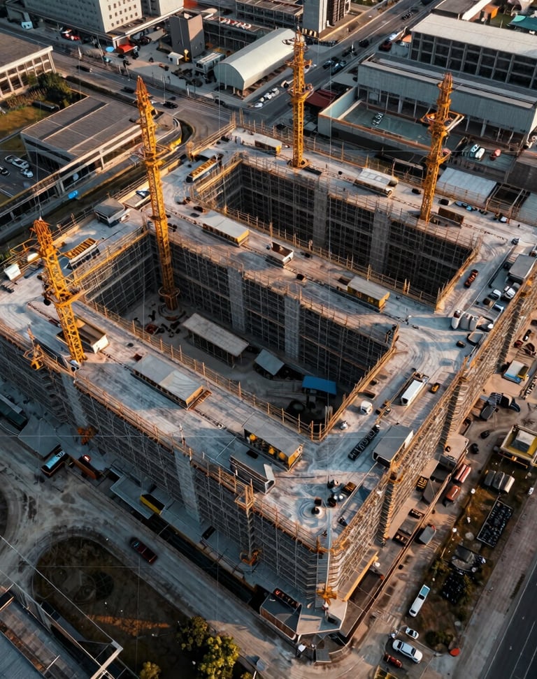 Top-down orthomosaic mapping of an industrial construction site, technical grid overlay, high clarity, crisp overcast daylight