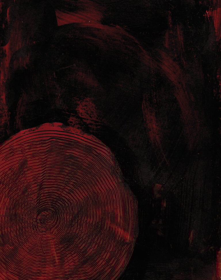 Abstract dark art painting featuring a red wood grain circle pattern on a textured black background.