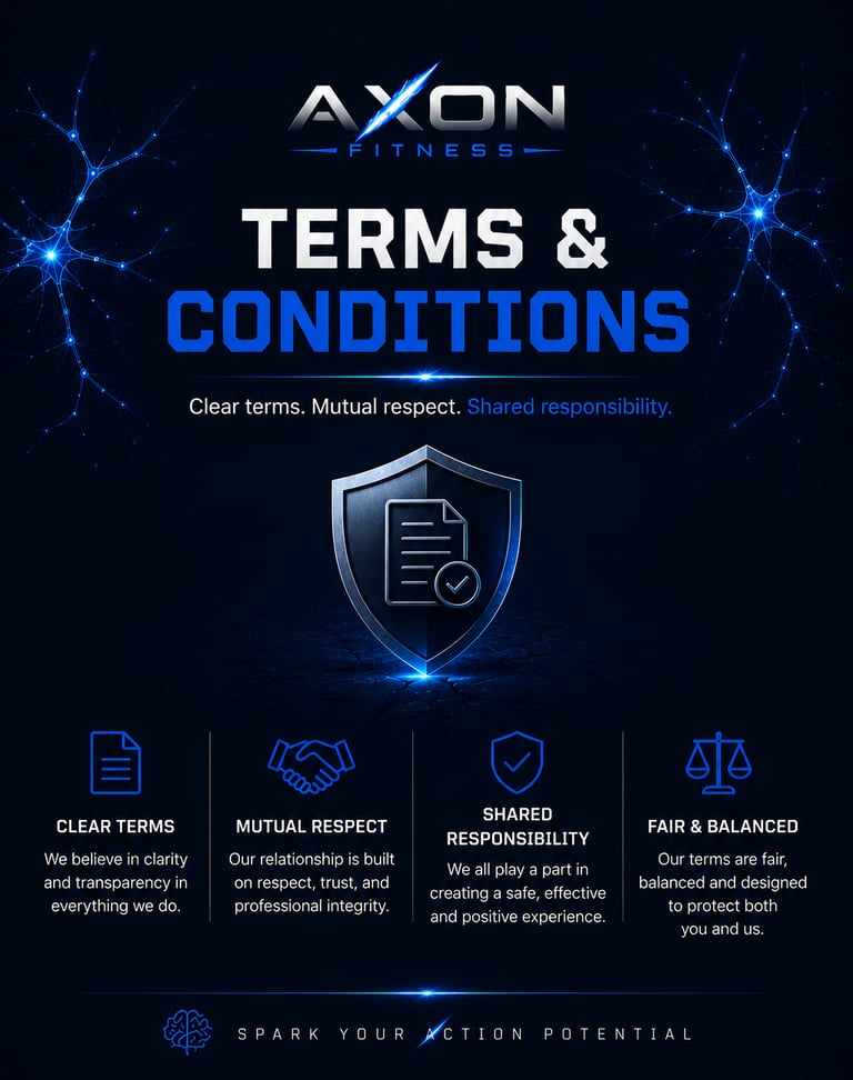 Axon Fitness terms and conditions graphic with shield, document icon, and blue neural network backgr