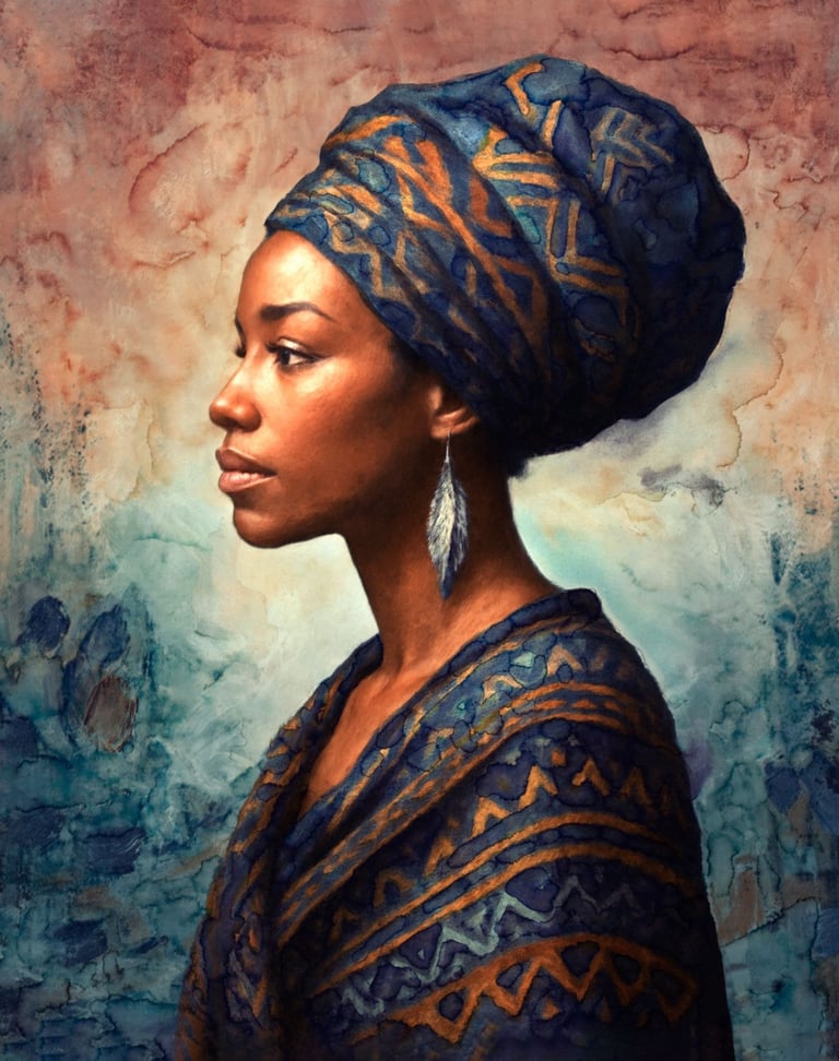 African Queen painting Inathi by Martin Osner, dignified portrait of an African woman with indigo and ochre tones on metal