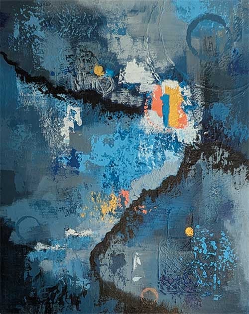 Abstract, textured painting with dark tones layered with bronze and sienna