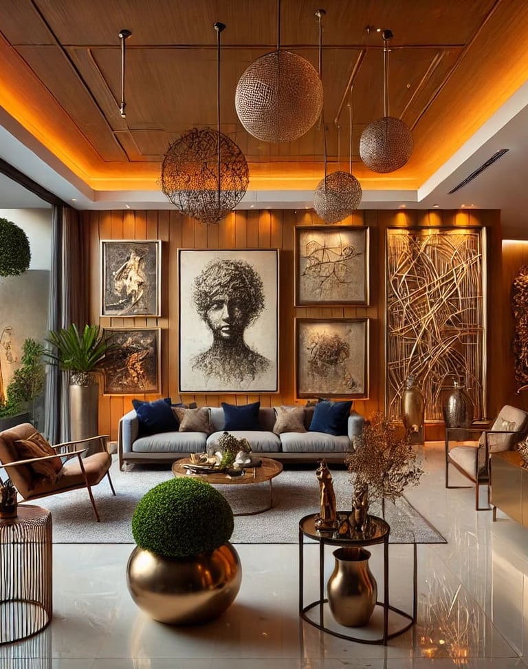 Varanda decorada com obras de arte contemporâneas, incluindo uma escultura metálica, quadros abstrat