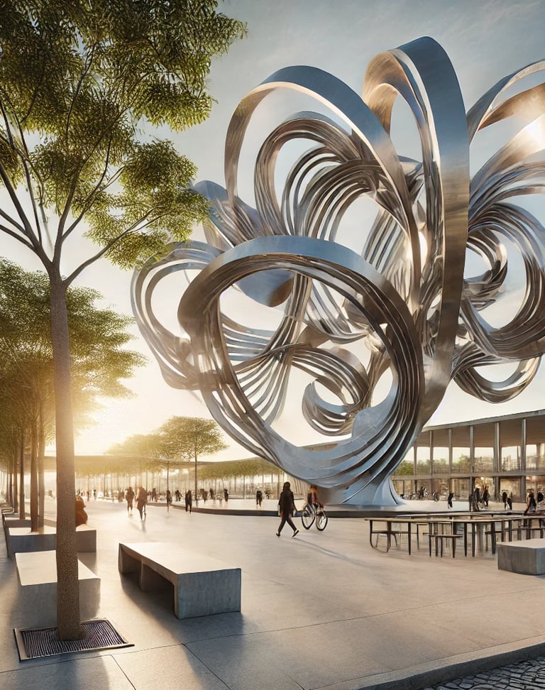 Praça urbana com escultura em aço.