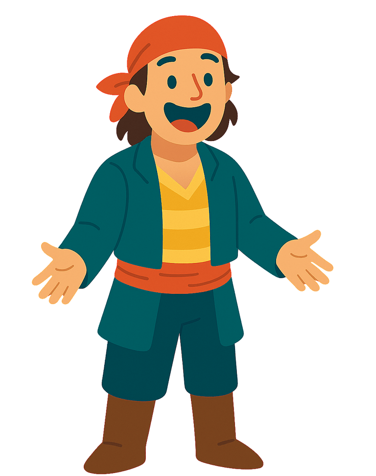 a cartoon character with a pirate hat and a pirate costume