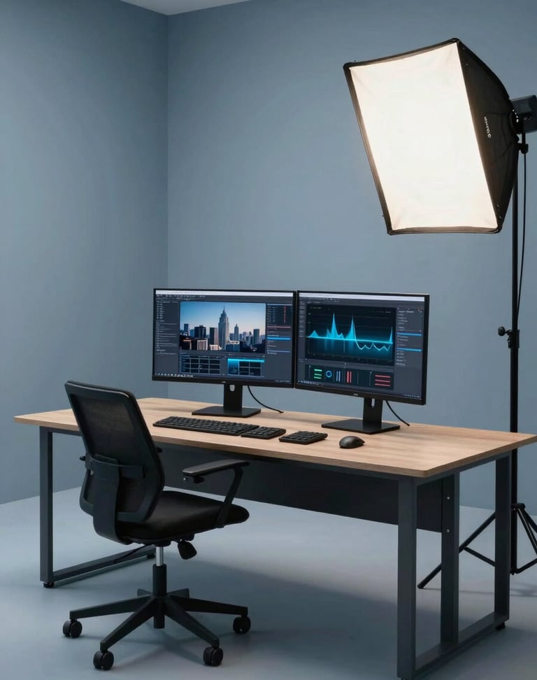 A high-end, minimalist professional studio environment with modern workstations, dual-monitor setups, and elegant soft lighting in shades of medium slate blue. The atmosphere is sophisticated and corporate, reflecting a premium digital agency workspace in an international city.