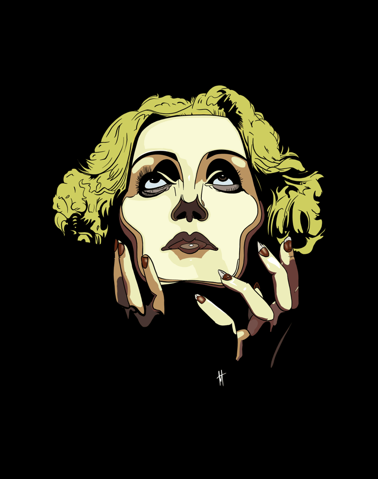 stylised take on the Marlene Dietrich movie poster, upturned face, blond hair and striking features
