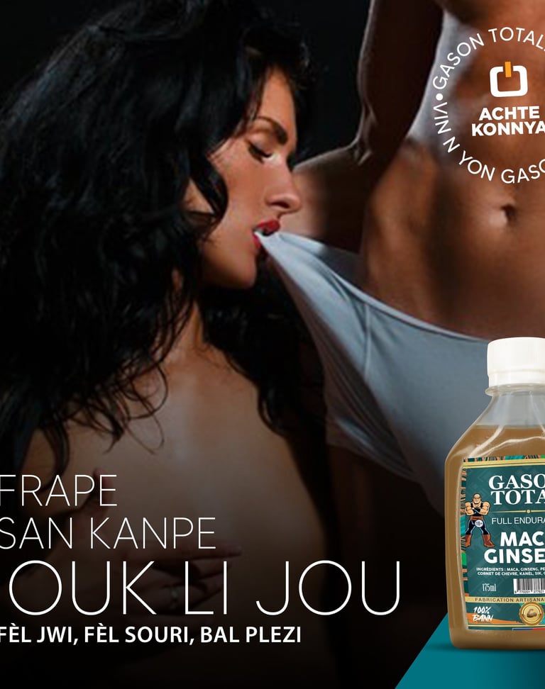 yon Fanm kap mòde slip yon gason, ak yon boutèy Gason Total Maca Ginseng sou bò dwat yo