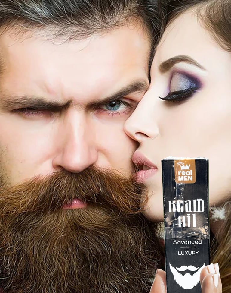 Gason ki gen yon fanm apiye sou figi li,ak bwat lwil bab Real Men Beard Oil Advanced Luxury devan yo