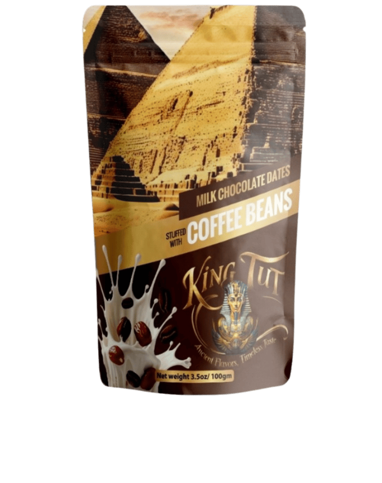 King Tut milk chocolate dates stuffed with coffee beans in a gourmet stand-up pouch.