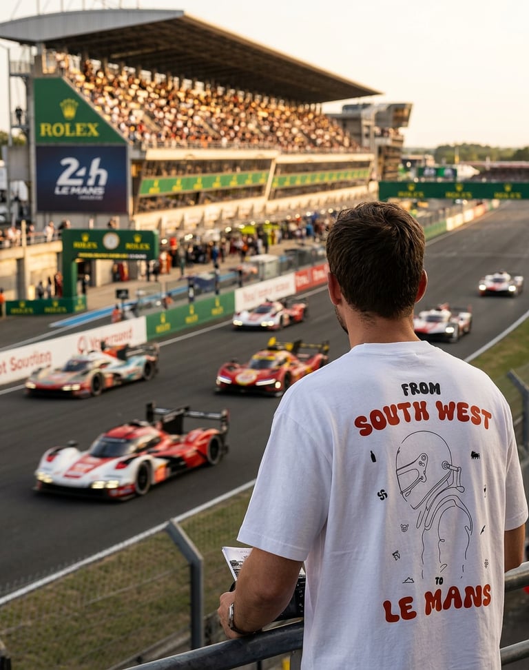 A spectator watching endurance race cars speed past the grandstands at the 24 Hours of Le Mans track.